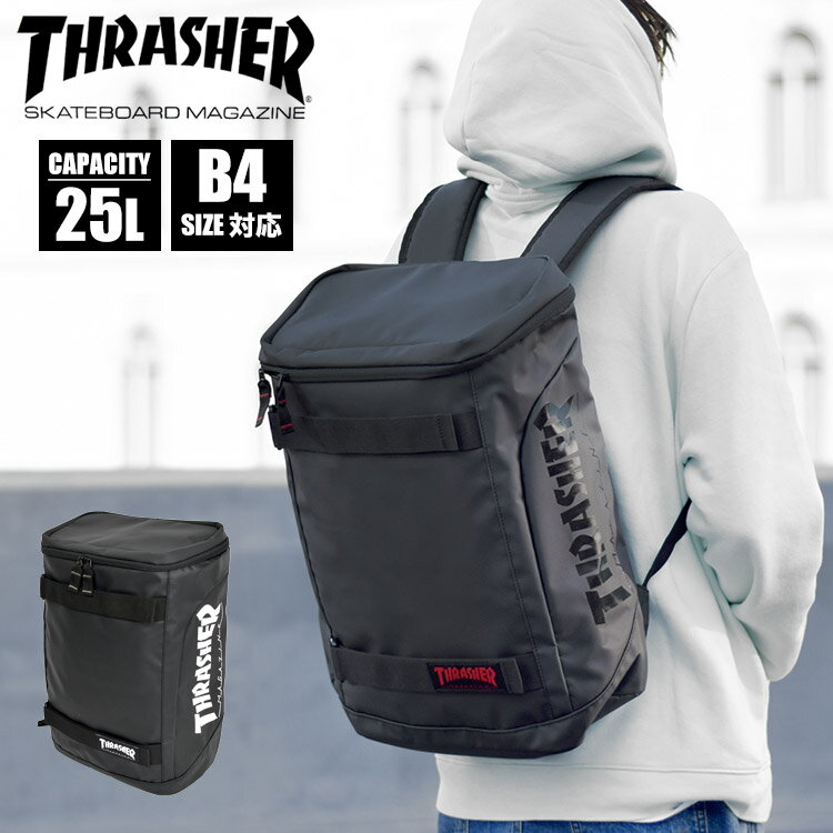 リュック スラッシャー THRASHER リュックサック 大容量 撥水 メンズ レディース スクエアリュック ボックスリュック 通学 学生 通勤 25L A4 B4 THR-142 スケーター ストリート ブランド トップオープン 丈夫 デイパック バックパック ロゴ柄 リュック かっこいい 黒