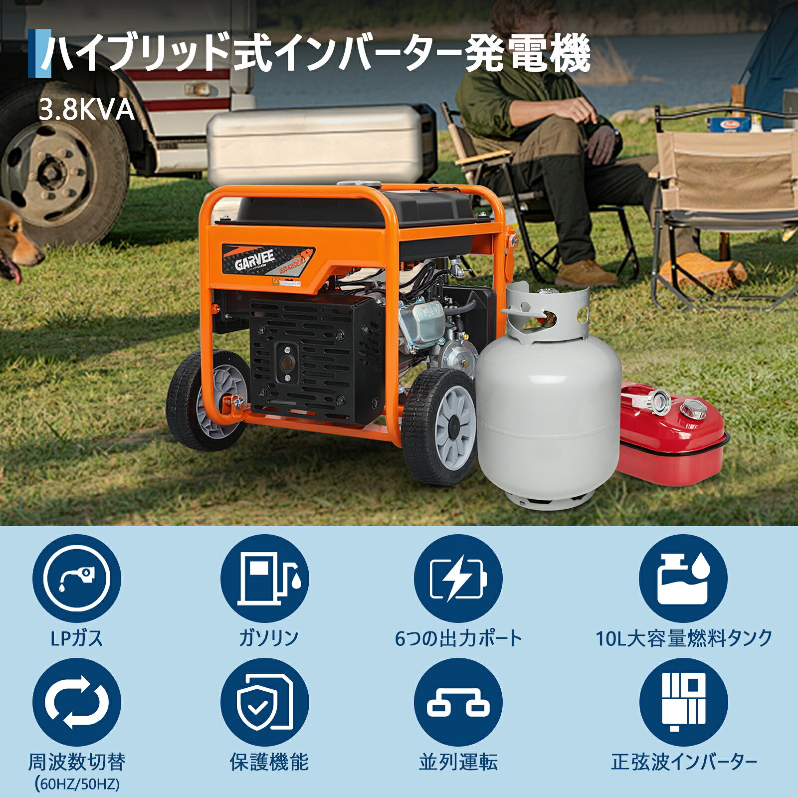 防災対策 特典付 1年保証 発電機 オープン 両用発電機 LPガス ガソリン 最大出力4200W インバーターキャスター付 家庭用発電機 非常用電源 ポータブル電源 エンジン 高出力 AC DC USB 正弦波 プロパンガス電源 業務用 停電 家庭用 防災 GR4200iO gridln-10000185 グリッドオンライン サンプル画像2