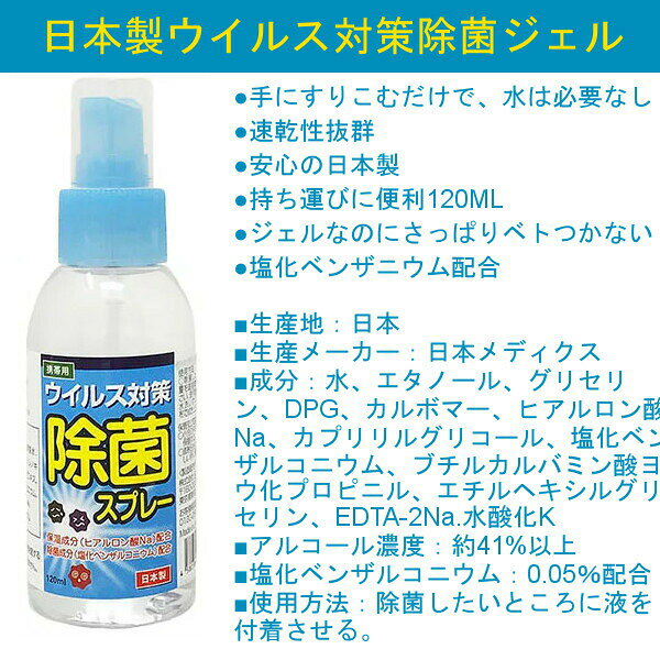 griisの【日本製 120mL 5本セット】 アルコール ハンドジェル 除菌スプレー ハンドスプレー 手 指 日本製 除菌成分『 塩化ベンザルコニウム 』配合 トラベル 洗浄 旅行 出張 携帯用 携帯 消毒 持ち運び 在庫あり｜アングル3