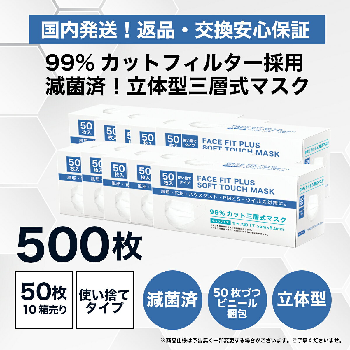 ◆送料無料◆ 【在庫あり】マスク 500枚 楽天ランキング受賞 使い捨て 三層式 白 レギュラー 普通サイズ 男女兼用 大人 立体 伸縮性 ウィルス対策 感染対策 花粉症 風邪 対策 フィルター 箱 500枚りマスク BKBK