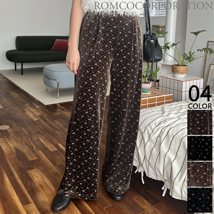 ◯TORNADO MART FEMME ベロア 花柄刺繍フレアパンツ She's Closet パンツ 小花柄プリントストレートワイドベロア