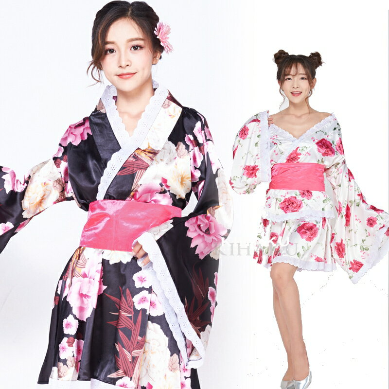 着物 浴衣 セット 花魁 レディース コスプレ 裾レース スカート ドレス ハロウィン 衣装 大人用 服 コスチューム エロい よさこい セクシー キャバドレス ミニドレス ミニ丈 和柄 (T)