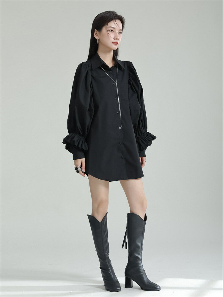 パフスリーブ シャツワンピース ランタンスリーブ ワンピース レディース フリル袖 おしゃれ きれいめ 可愛い かわいい ミニ丈 ミニドレス ミニワンピ 大人 ゆったり ブラック ホワイト 黒 白 シャツ モード シック かっこいい モノトーン オシャレ 韓国ファッション [J](T)