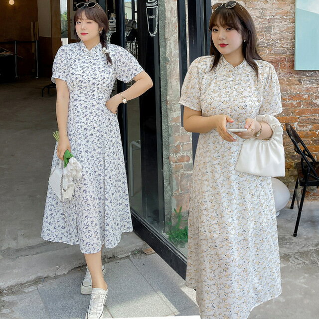 2L〜5L大きいサイズ ぽっちゃりさん 胸元パール 上品感 チャイナ風 花柄プリント ドレスワンピー