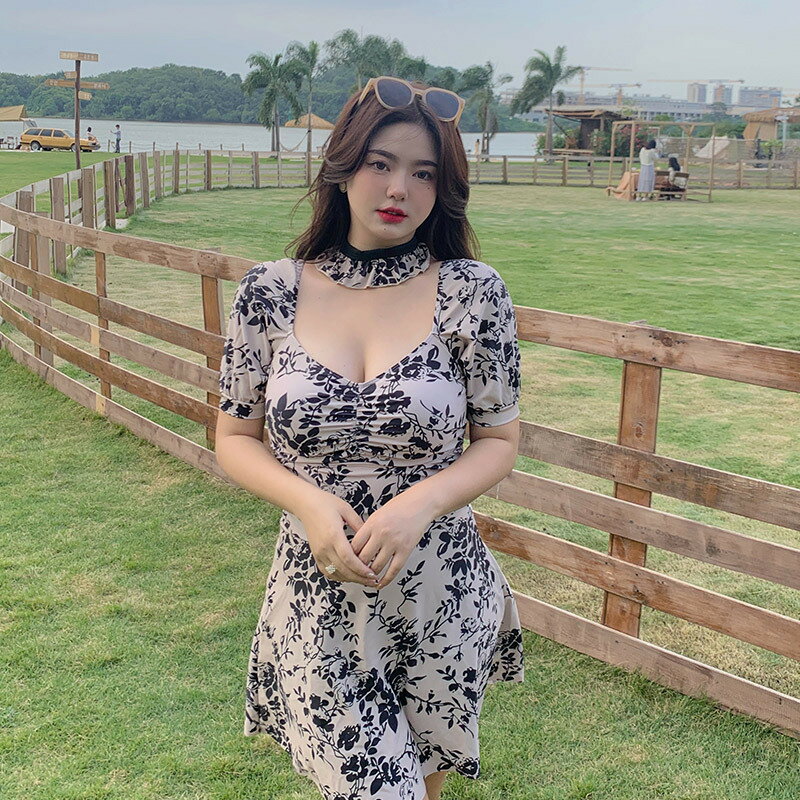 大きいサイズ2L7L 水着 水泳 海水浴 ビーチ チョーカー付き 花柄ワンピース水着(T)