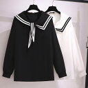 3L〜7L 大きいサイズ 学生風 可愛いセーラー服 イレギュラー襟 シフォンシャツブラウス(T)