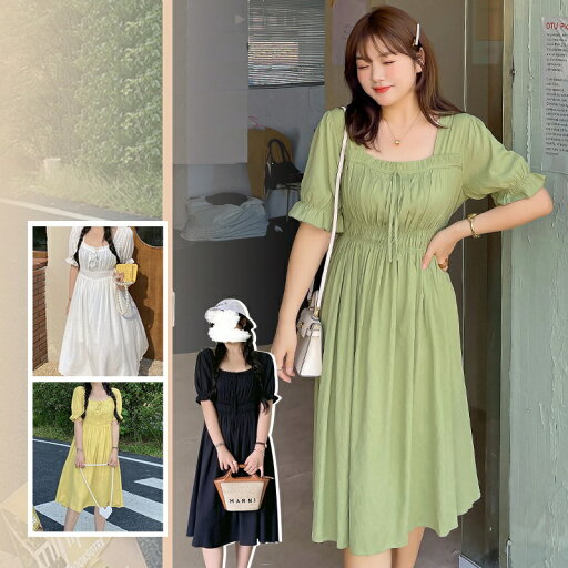 胸元可愛いリボン プリーツ ウエストゴム入り パフスリーブワンピース (T) 胸元可愛いリボン プリーツ ウエストゴム入り パフスリーブワンピース (T)