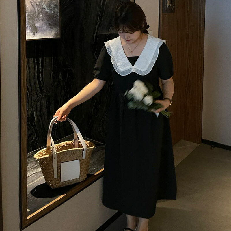 バイカラー　可愛いレースフリル襟 パフスリーブワンピース (T)