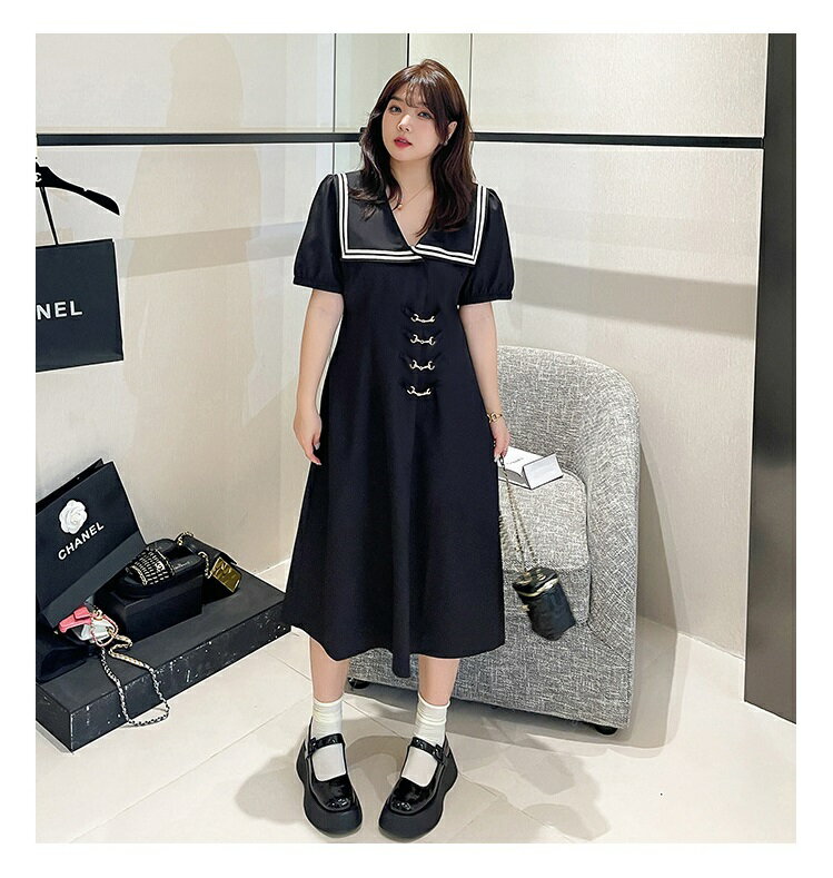 バイカラー学生風セーラー服可愛いパフスリーブワンピース (T)