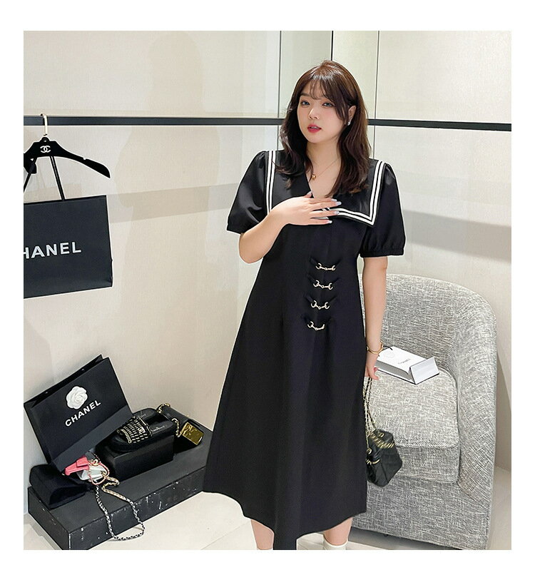 バイカラー学生風セーラー服可愛いパフスリーブワンピース (T)