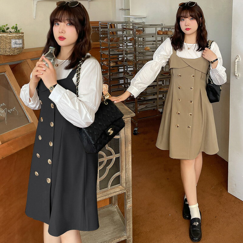 学生風ダブルブレストジャンパースカート シャツ 2set (T)