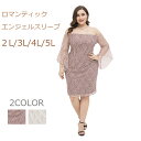 ぽっちゃりさん ボートネック エンジェルスリーブ花柄総レースドレス (T)
