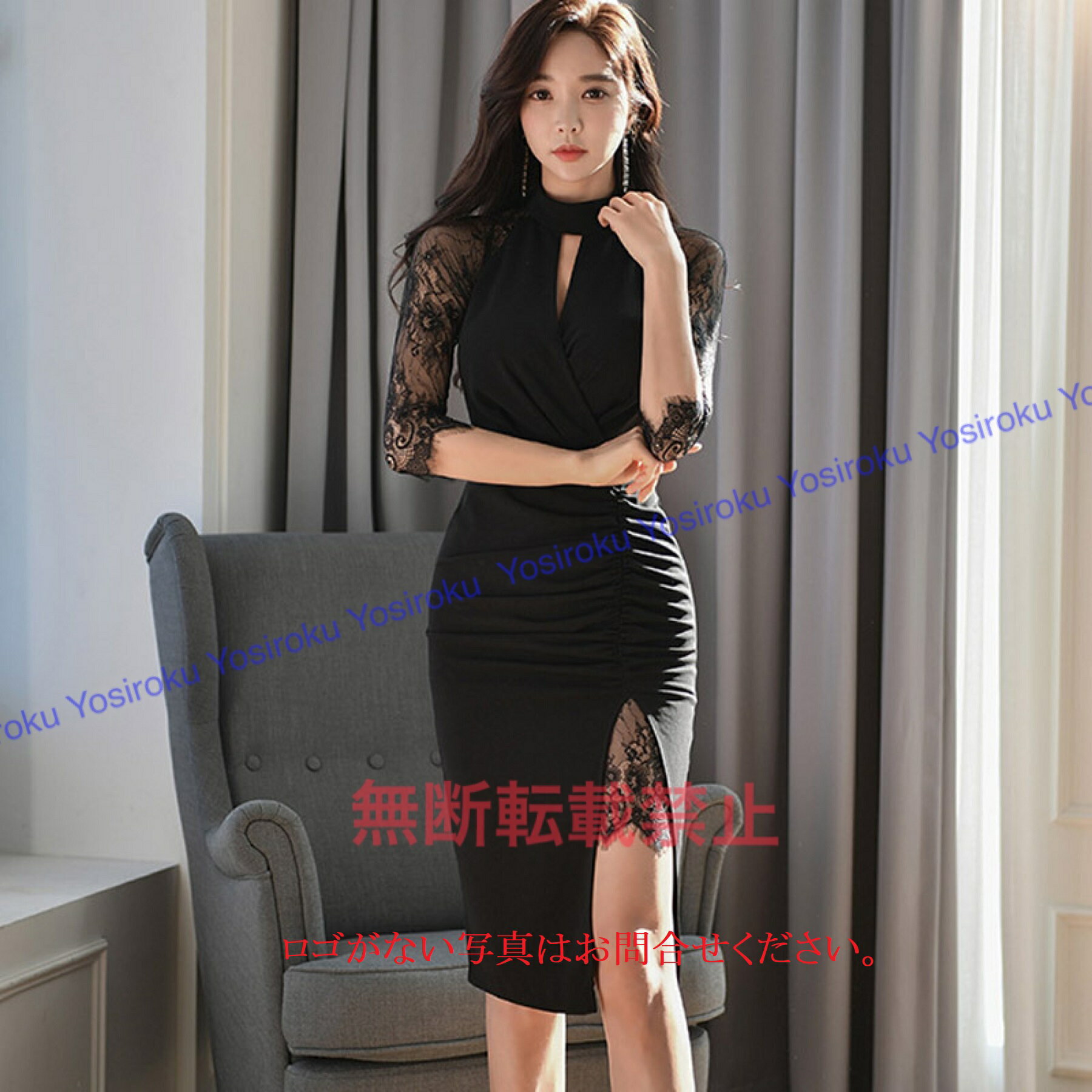 前スリット入りレース切替ドレス (T)