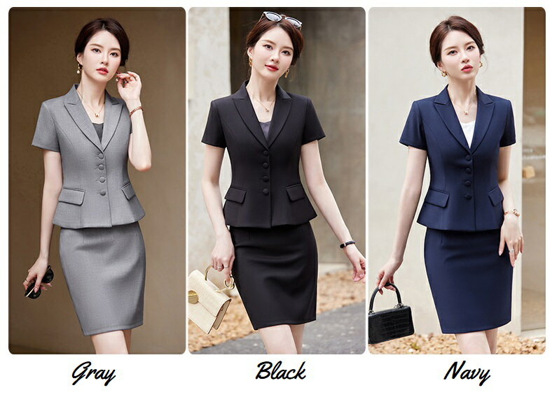 しっかり素材感 OL 通勤 オフィス パーティー 半袖スーツセット (T)