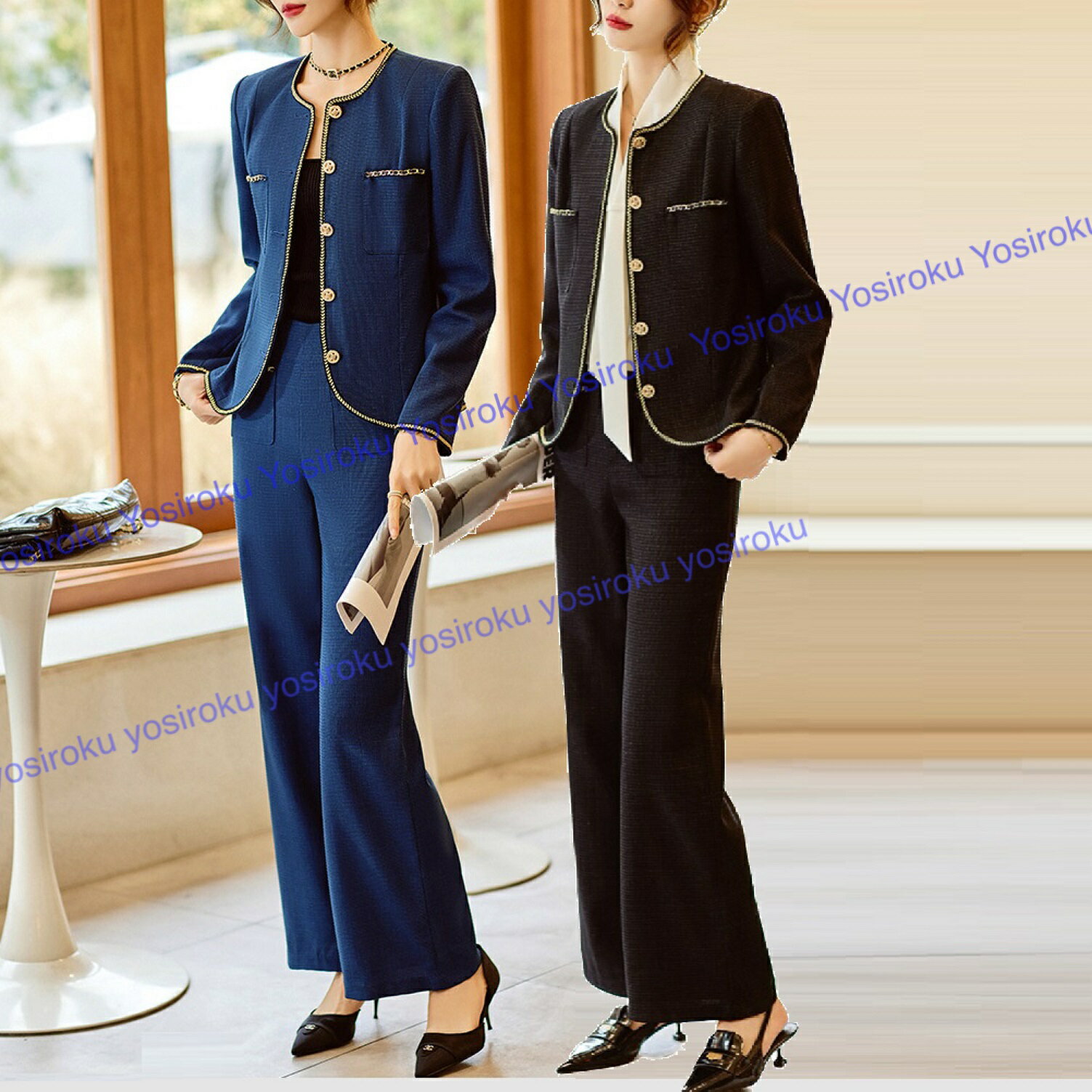 しっかり素材感 OL 通勤 通学 パーティー ゆったりめ ジャケット パンツ セットアップ (T)