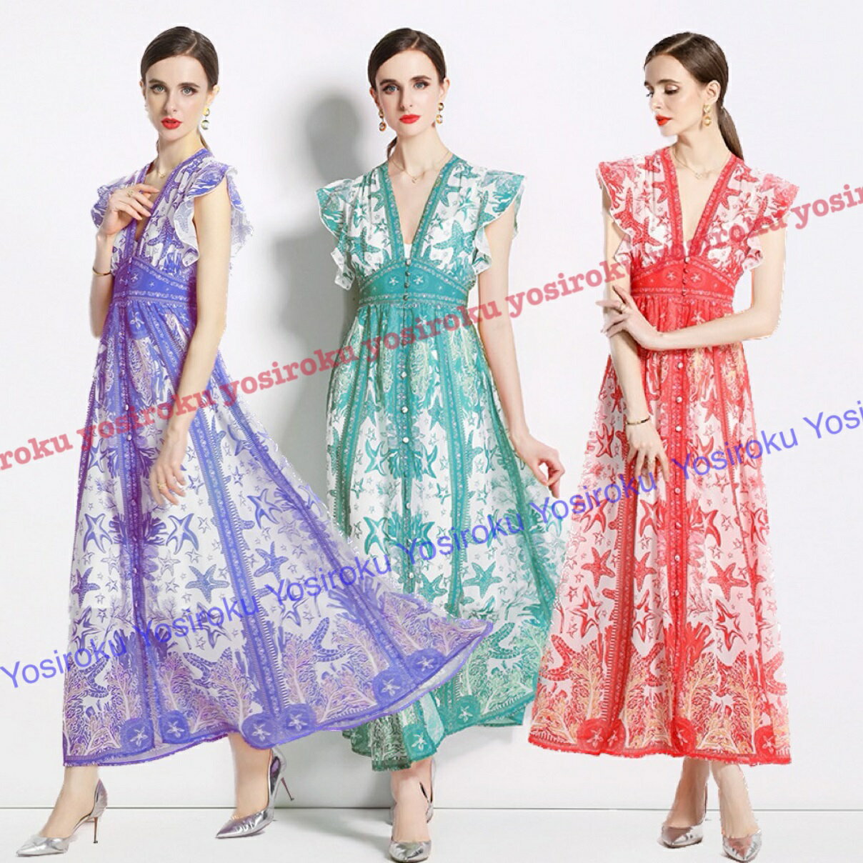 肩フリル 深V 花柄シフォンドレスワンピース (T)