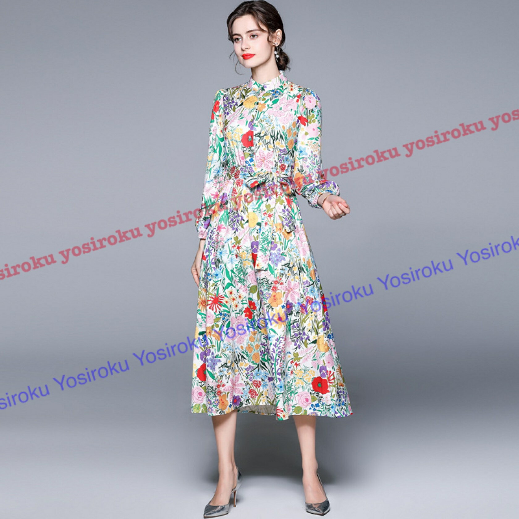 上品感ベルト付き Vネック 異素材切替 花柄ジャガード織ドレス (T)