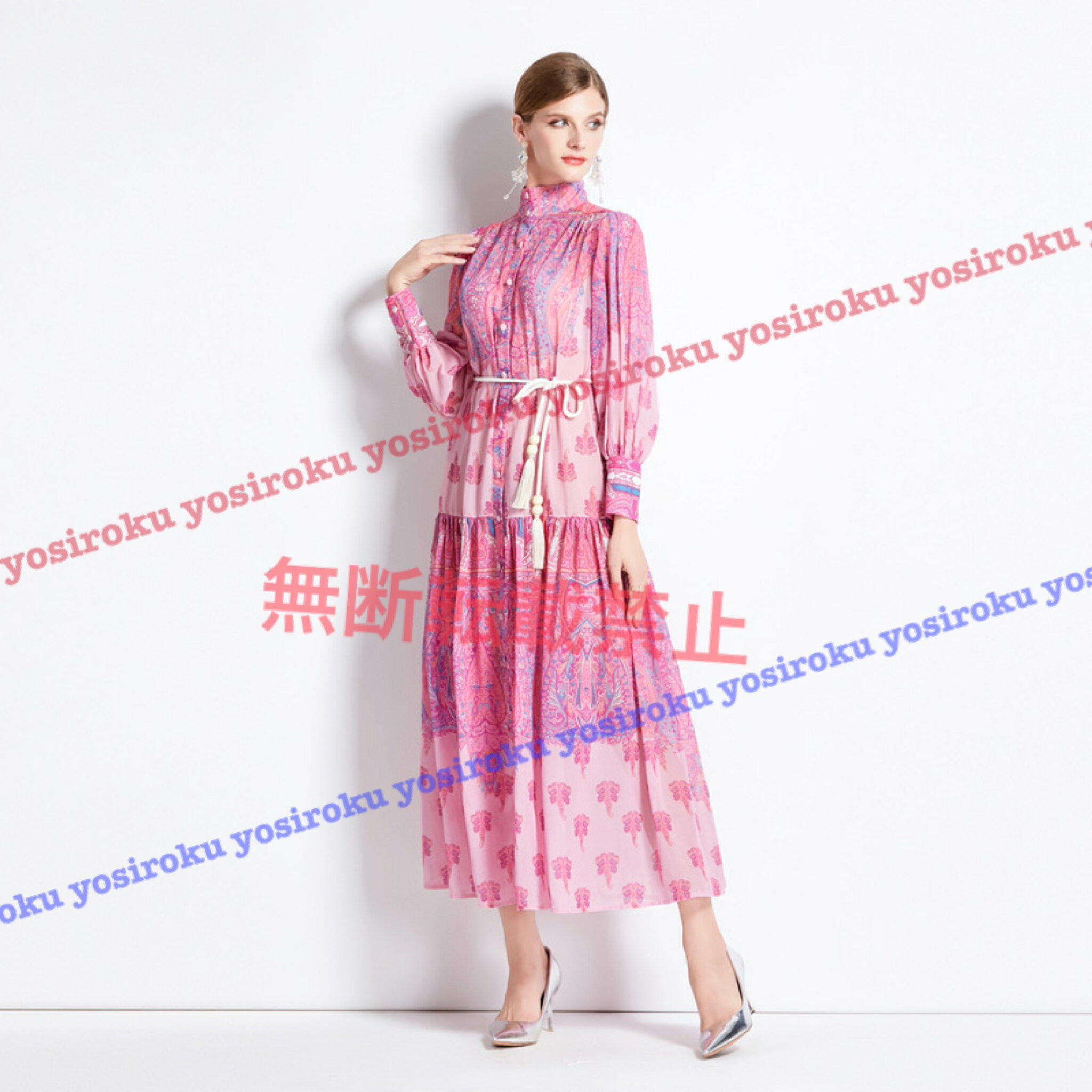 ギャザ入り花柄ロングドレスワンピース (T)