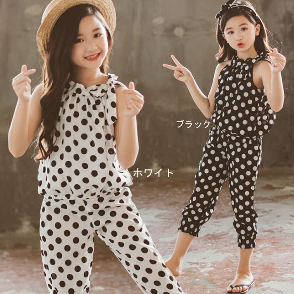 子供服 女の子 セットアップ ドット柄 半袖 おしゃれ 袖なし キャミソール(T)