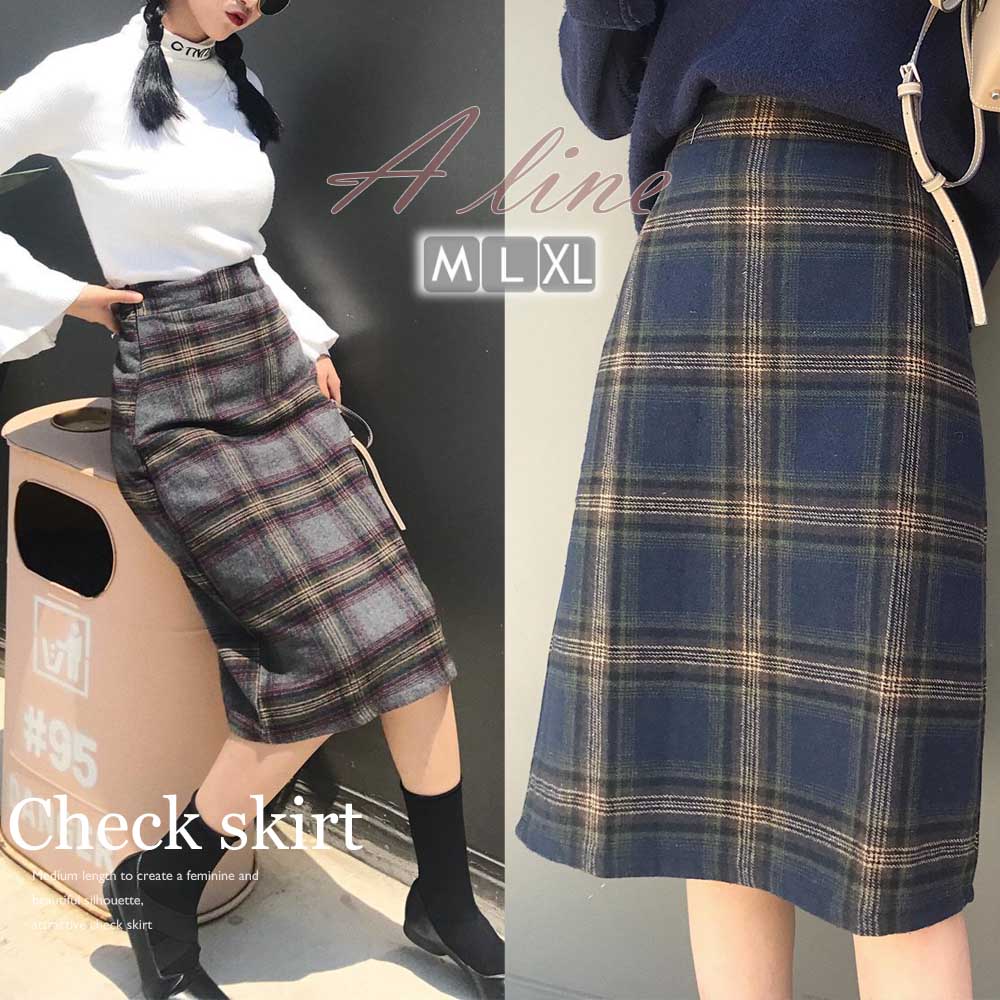 チェックスカート レディース ハイウエスト Aラインスカート ひざ丈 ボトムス(T)