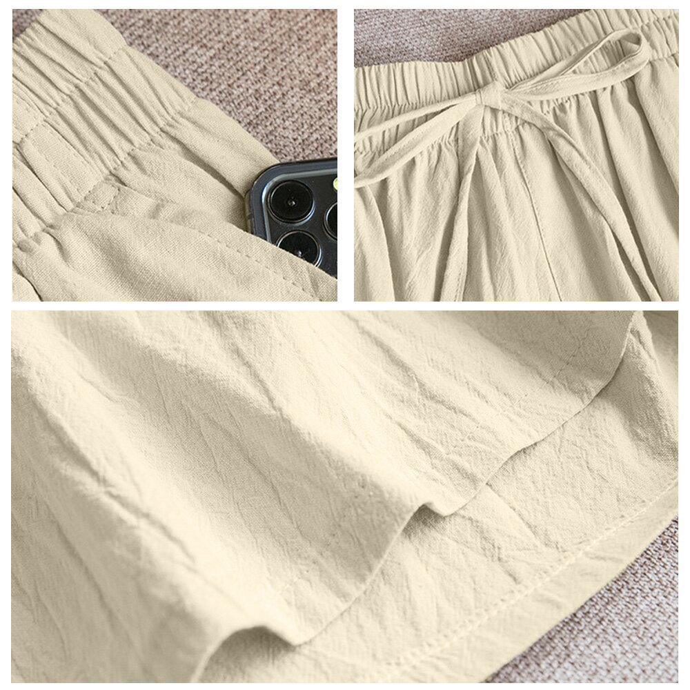 リネン ワイドパンツ 短パン 綿麻 半ズボン(T)