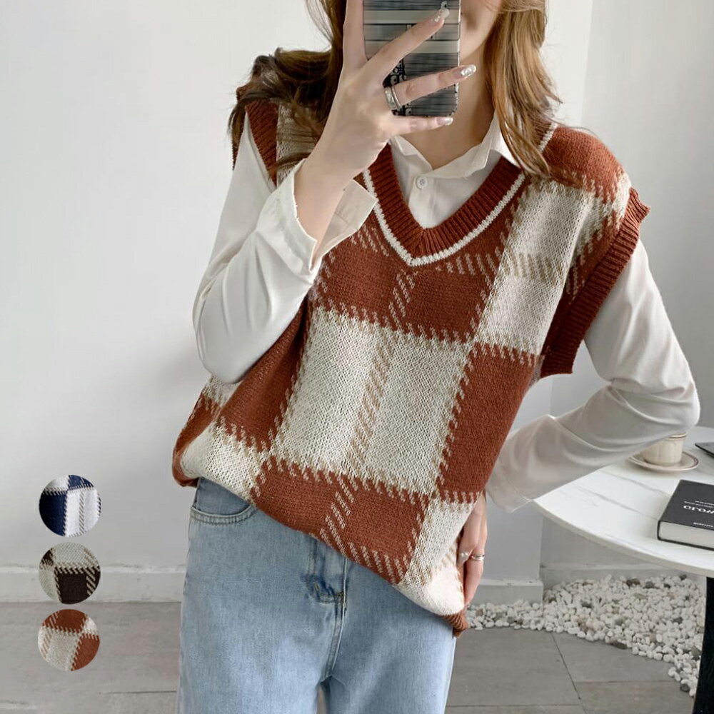 チェック柄 ニットベスト 韓国ファッション Vネックチェック柄 ニットベスト 韓国ファッション Vネック(T)