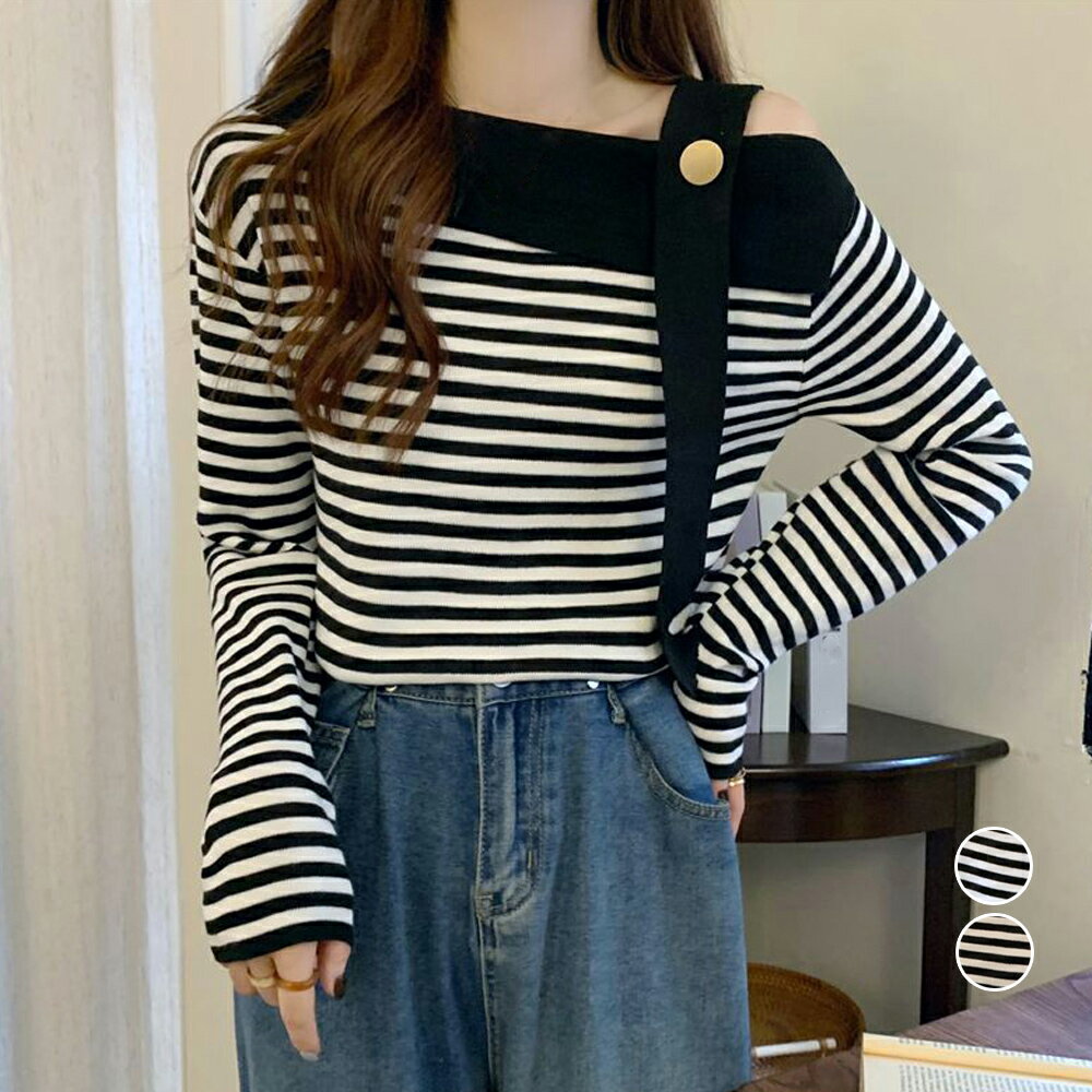 ワンショルダー ボーダー柄ニットトップス (T)