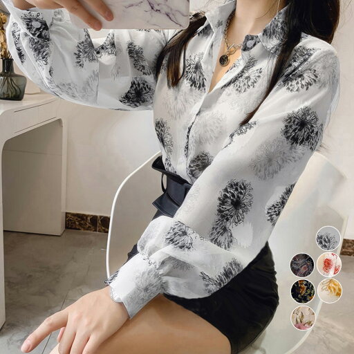 花柄シアーブラウス長袖 (T) 花柄シアーブラウス長袖 (T)