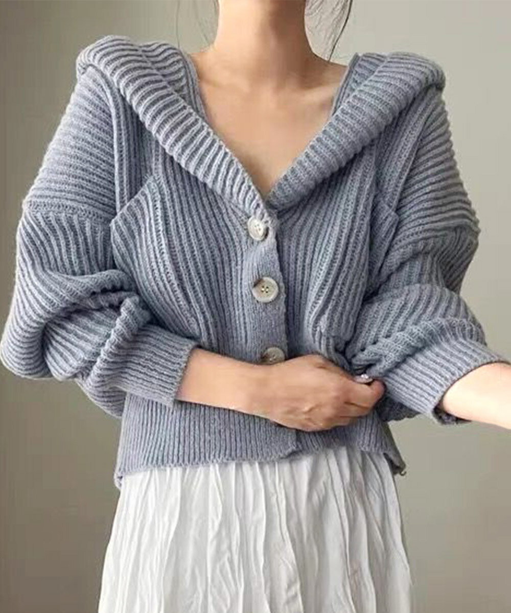 フード付きニットカーディガン ショート丈 (T)