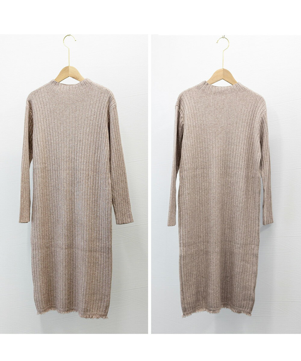 裾フリンジ付きリブニットワンピース (T)