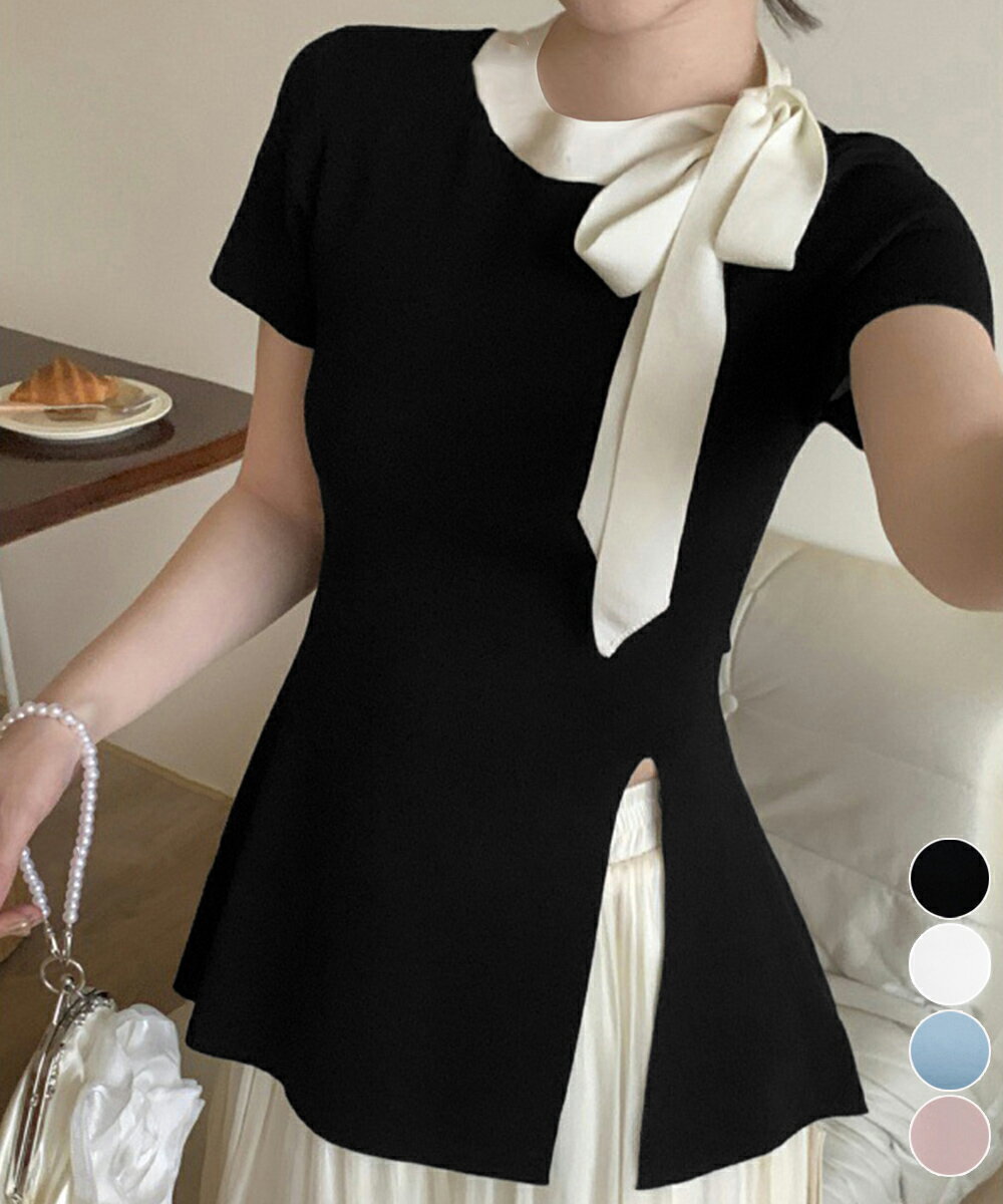 リボン付きニットトップス サイドスリット (T)