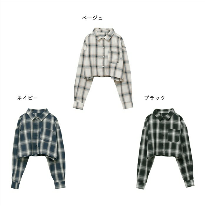 オンブレチェック柄ポケット付き長袖ショート丈シャツ (T)
