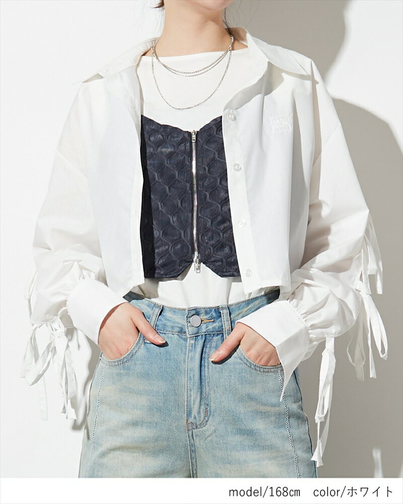 袖りぼんスリットショート丈シャツ (T)