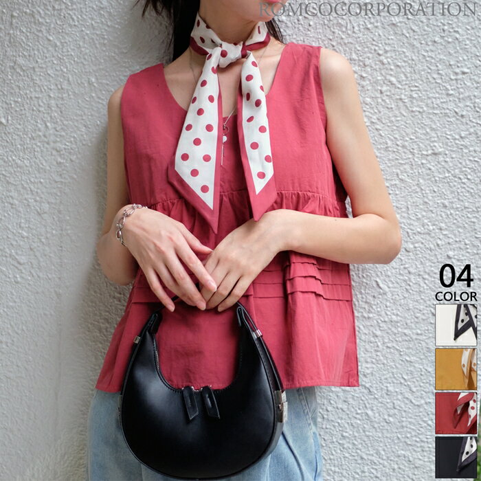 ドット柄スカーフ付きショート丈ノースリトップス (T)