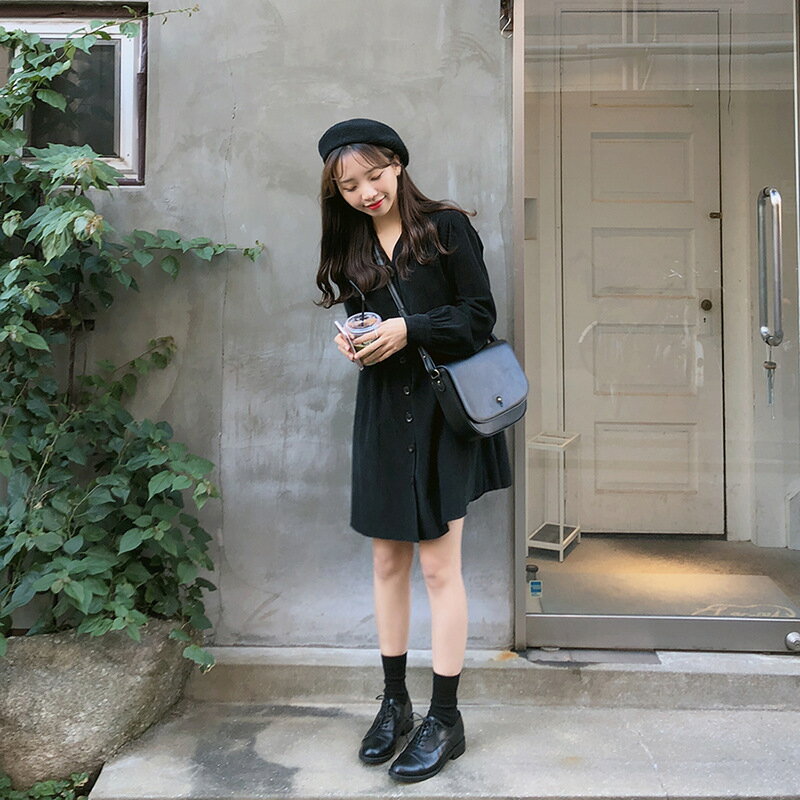 レディース コーデュロイ ミニワンピース ハイウエスト 無地 シャツワンピ 長袖 ゆったり(T)