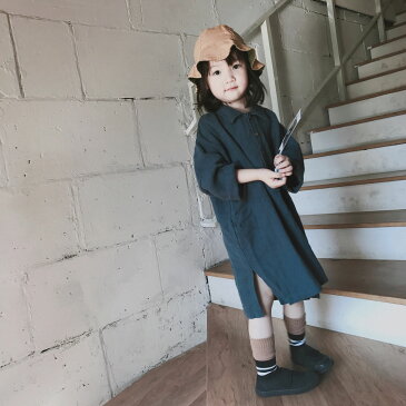 韓国ファッション 子供服 ガールズ 女の子 可愛いキッズ コットン シャツ ワンピース 無地 長袖(T)