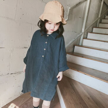 韓国ファッション 子供服 ガールズ 女の子 可愛いキッズ コットン シャツ ワンピース 無地 長袖(T)