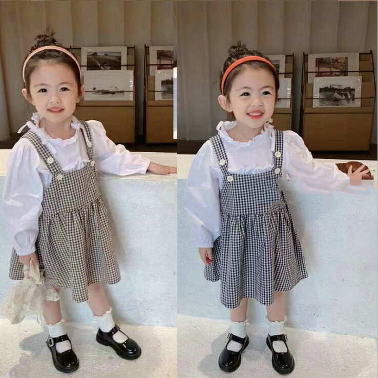 ガールズ 女の子 長袖 シャツ チェック柄 サスペンダースカート 服 子供服 2点セット 韓国子供服(T)