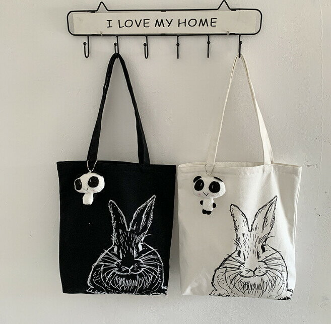 エコバッグ トートバッグ 肩掛け キャンバス ウサギ ストラップ付き 韓国 ファッション 雑貨 かわいい おしゃれ 北欧 送料無料 [K] (T)
