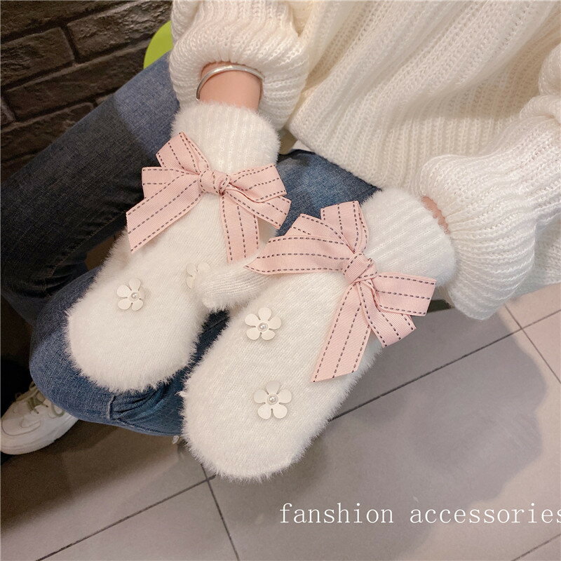 手袋 可愛い リボン 厚手 あったか レディース 韓国 ファッション 雑貨 かわいい おしゃれ 北欧 送料無料 [K] (T)