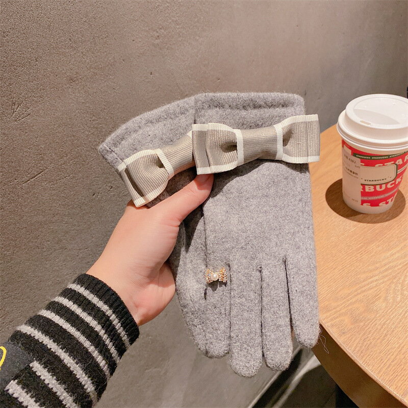 手袋 5本指 リボン あったか レディース グレー系 韓国 ファッション 雑貨 かわいい おしゃれ 北欧 送料無料 [K] (T)