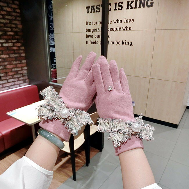 手袋 5本指 リボン パール あったか レディース 韓国 ファッション 雑貨 かわいい おしゃれ 北欧 送料無料 [K] (T)