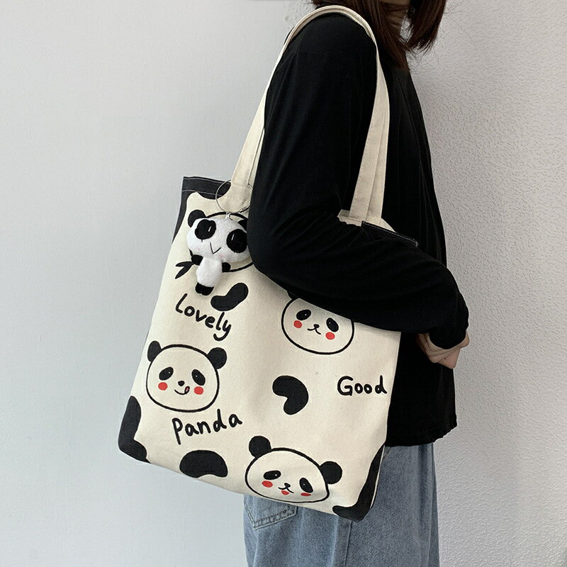 乐天商城 - ズックバッグ トートバッグ キャンバス PANDA バッグチャーム付き 韓国 ファッション 雑貨 かわいい おしゃれ 北欧 送料無料 [K] (T)