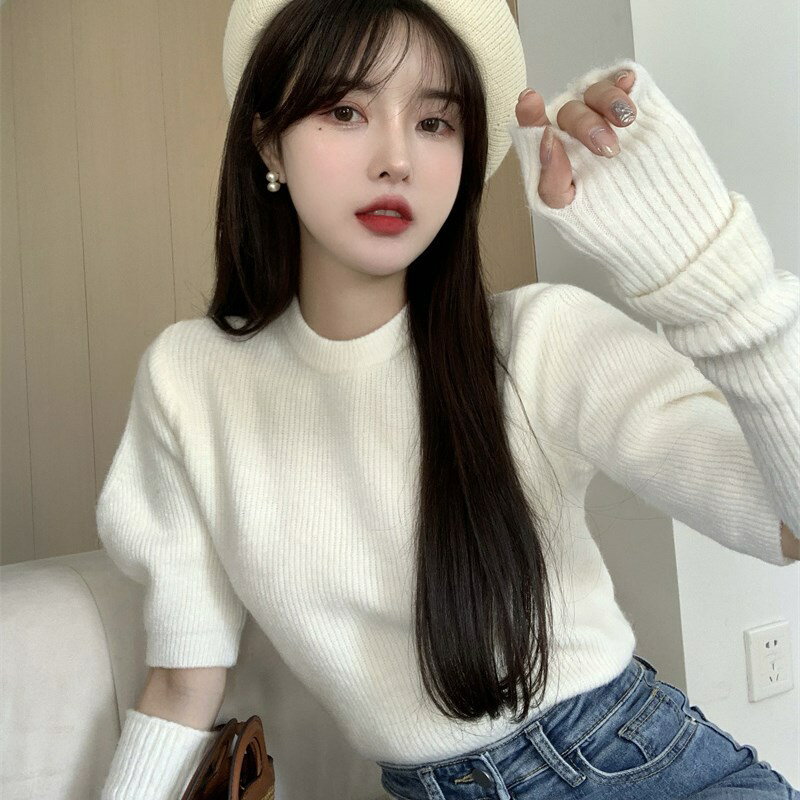ニットトップス ゆるやか デザイン アームカバー付き レディース 無地 韓国 ファッション 雑貨 かわいい おしゃれ 北欧 送料無料 [K] (T)