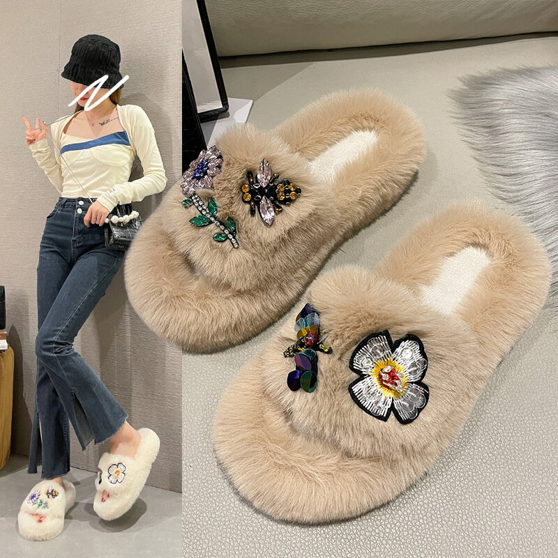 スリッパ ファーサンダル ルームシューズ レディース ファッション もこもこ 花 ストーン 大人[K](T)