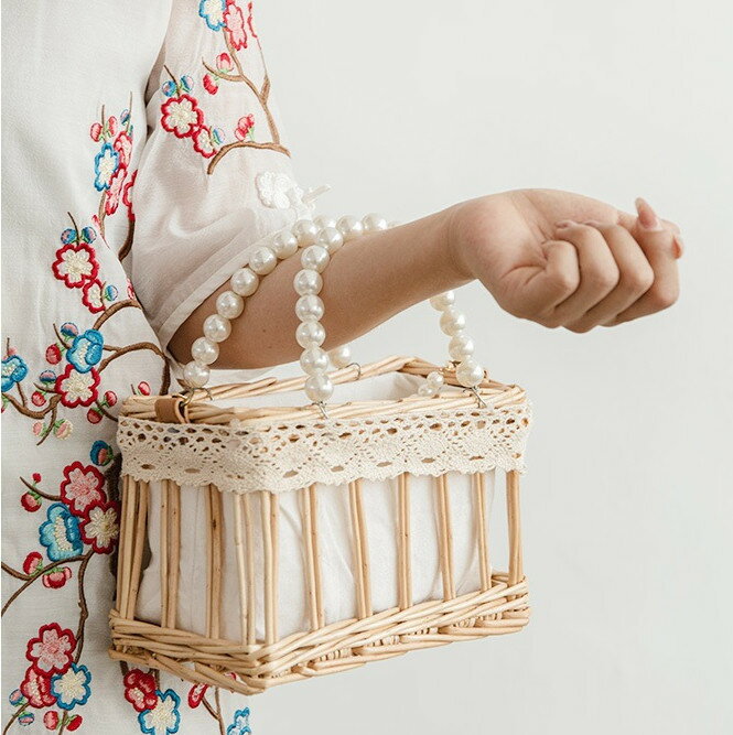 カゴバッグ ハンドバッグ パールハンド 花盛り (T)