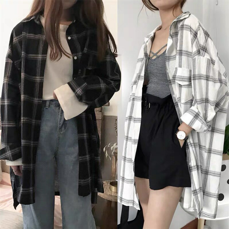 レディース長袖チェック柄シャツ (T)