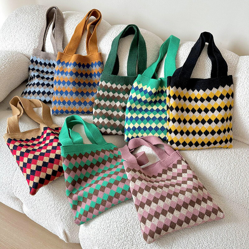 チェック柄ニットトートバッグ (T)