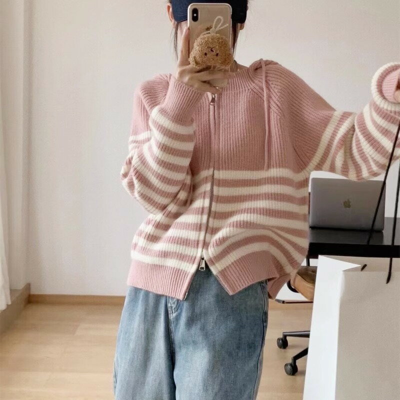 ニットトップスカーディガンボーダー柄