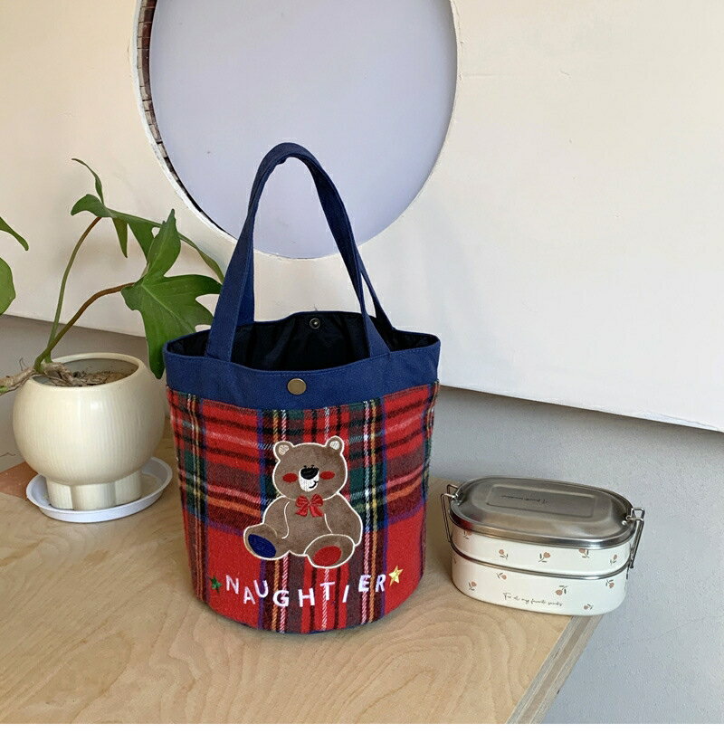 ミニトートバッグ　エコバッグ　クマ　チェック柄 (T)